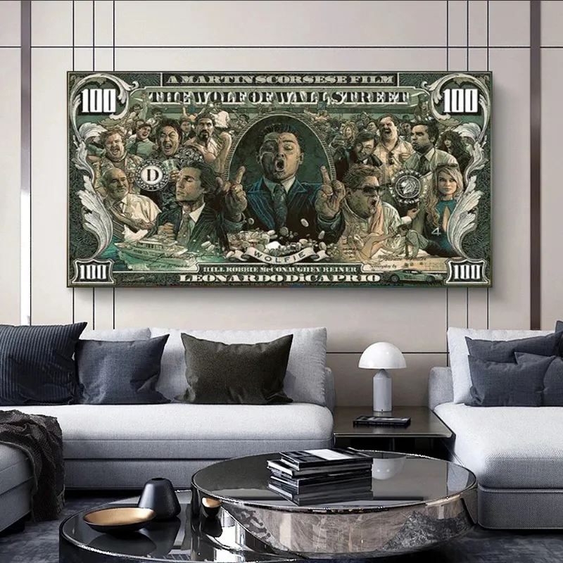 Graffiti Street Money Art 100 Dollar Canvas Schilderij Posters en Prints Wolf van Wall Street Pop Art voor Woonkamer Decor