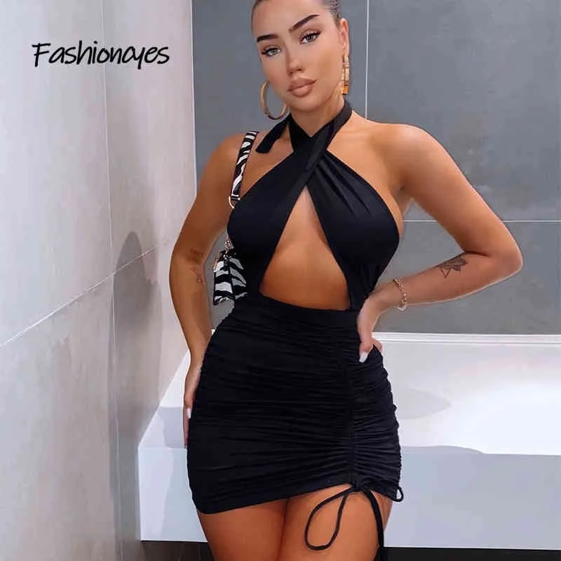 Fashioncyes Sexy Bodycon Dress Criss Cross Neck med Tie Up Halter Ruched Mini Dress Club Party Dress Summer Hollow Out Vestidos X0521