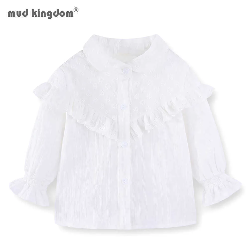 Mudkingdom Girls Shirts Lapel Lace Flared Långärmad Solid Ruffle Spring Mode Blusar Casual Kids Kläder 210615