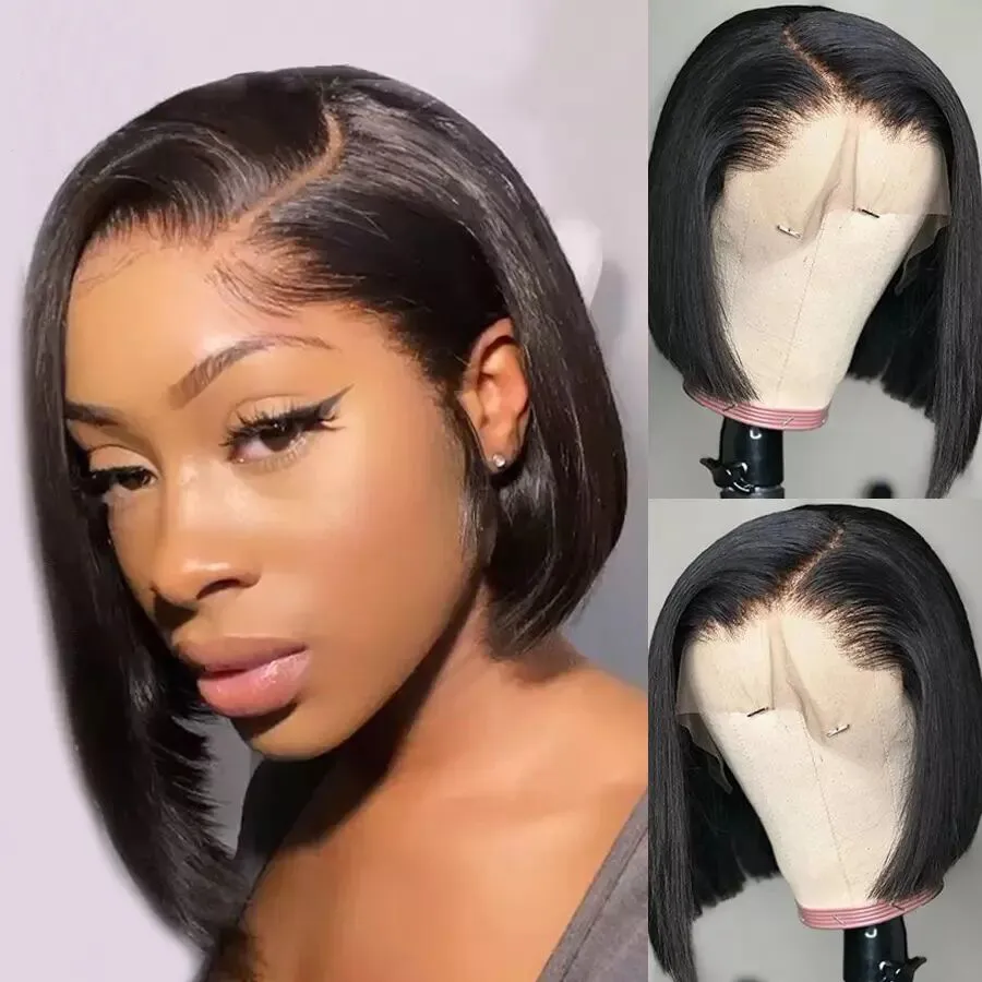 Brasilianska rakt kort Bob-peruk sidsnitt Syntetisk spetsfront peruker Simulering Mänskligt hår för svarta kvinnor 150% densitet