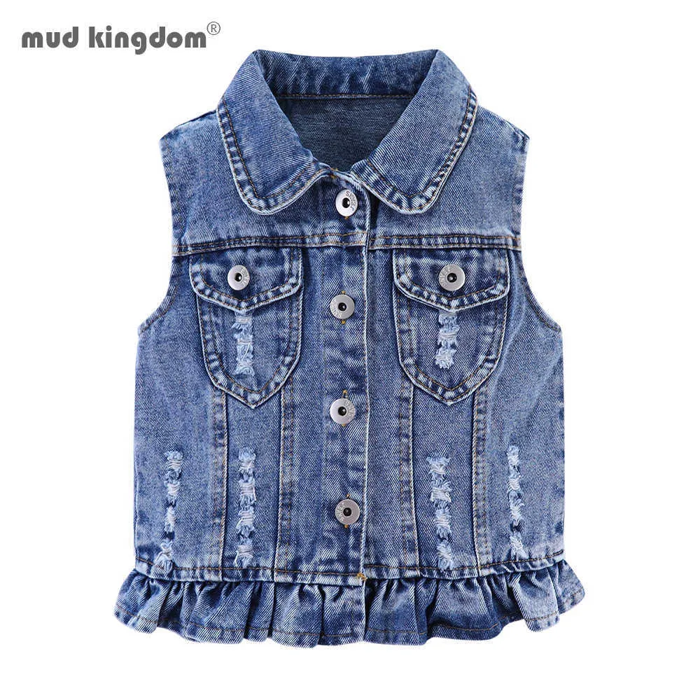 Mudkingdom Cute Girls Denim Chaleco Chaqueta Sparkle Ruffle Sin mangas Jean Outerwear Primavera Novedad Ropa para niños 210615