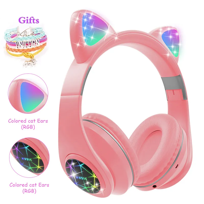 Oreilles chat écouteurs écouteurs casque sans fil musique stéréo casque de dent bleu avec micro fille fille fone gamer casque kid cadeaux enfants