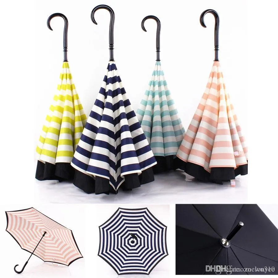 Creative Double Couche Pongee Stripe Parapluie Inversé Droit Long Poignée Parapluie C-type Protection Solaire Parapluies Portables XDH0882