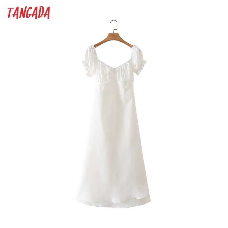 Tangada Summer Women French Style White Off Shoulder Dress Puff Short Sleeve Ladies Sundress 4T51 210609