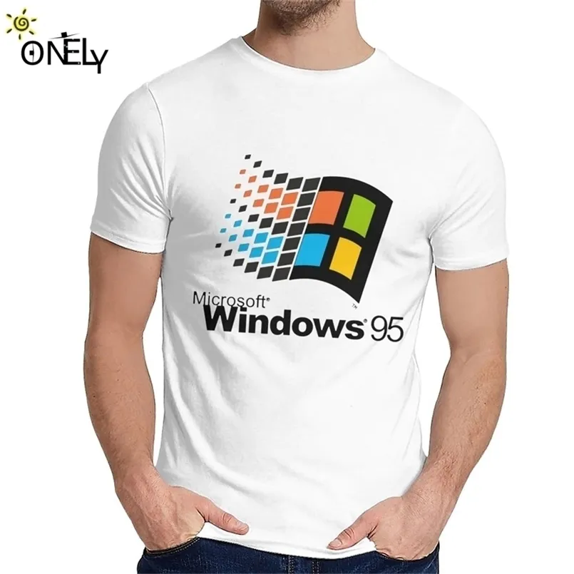 Vintage Windows 95 Vaporwave T shirt For Men Summer Cool Man Cotton Short Sleeve Round Collar 210716