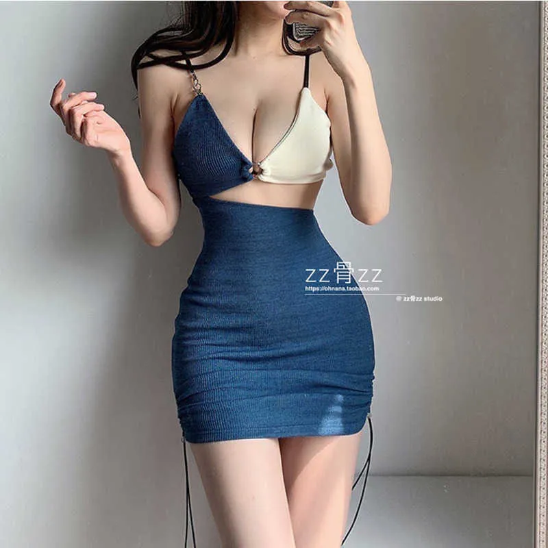 Summer Tops Big Bust Strapless Sexy Color Patchwork Show Waist Hollow  Drawstring Irregular Slim Hip Strap Mini Dress Q5W 210603 From Bai02,  $15.84