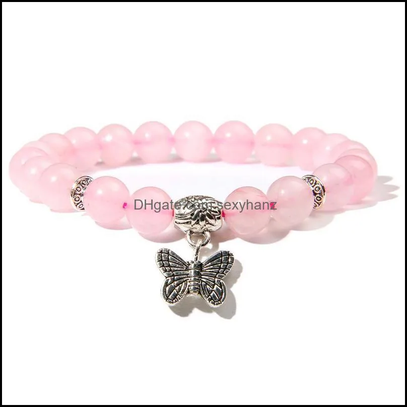 Natural Stone Pink Aventurine Bracelet Women Fashion Silver Butterfly For Girl Ohm Yoga Chakra Jewelry Love Gifts Beaded, Strands