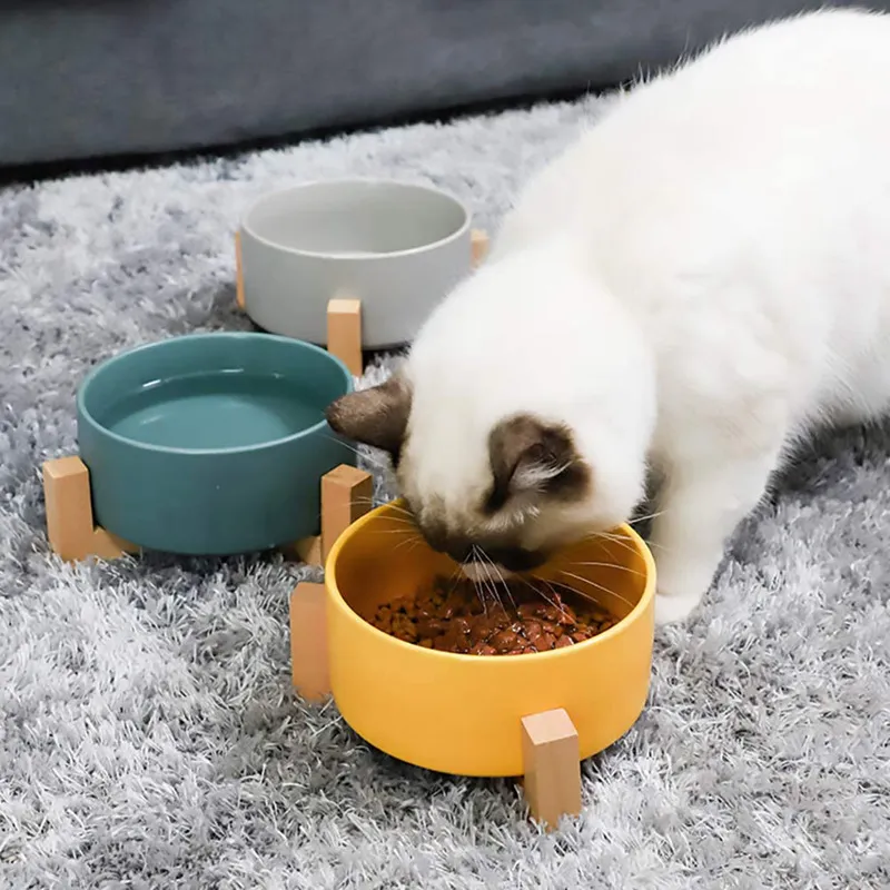 Matt White Ceramic Cat Bowl with Wood Stand No Spill Pet Food Water Feeder Cats Small Large Dogs 850ml