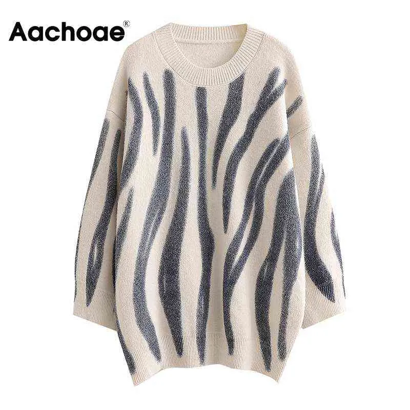 Aachoae Autumn Women Basic O Neck Printed Sweater Vintage Batwing Long Sleeve Jumper Tops Female Casual Loose Sweaters 211217