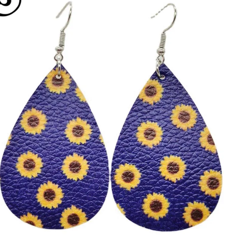 Dangle Chandelier High Quality Sunflower Printed Faux Leather Teardrop Earrings Colorful Layered Flower Pattern Water Drop Earrings Creative Gifts