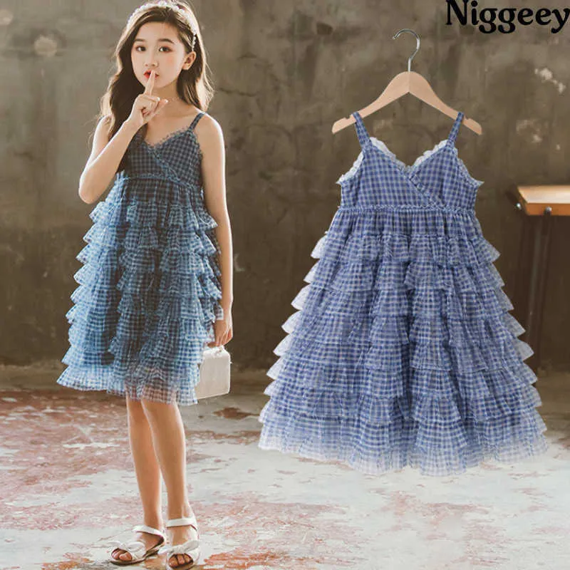 Por 3- 12 anos meninas vestem verão 2021 novo estilo de verão coreano menina pequena menina inchado gaze princesa vestido q0716