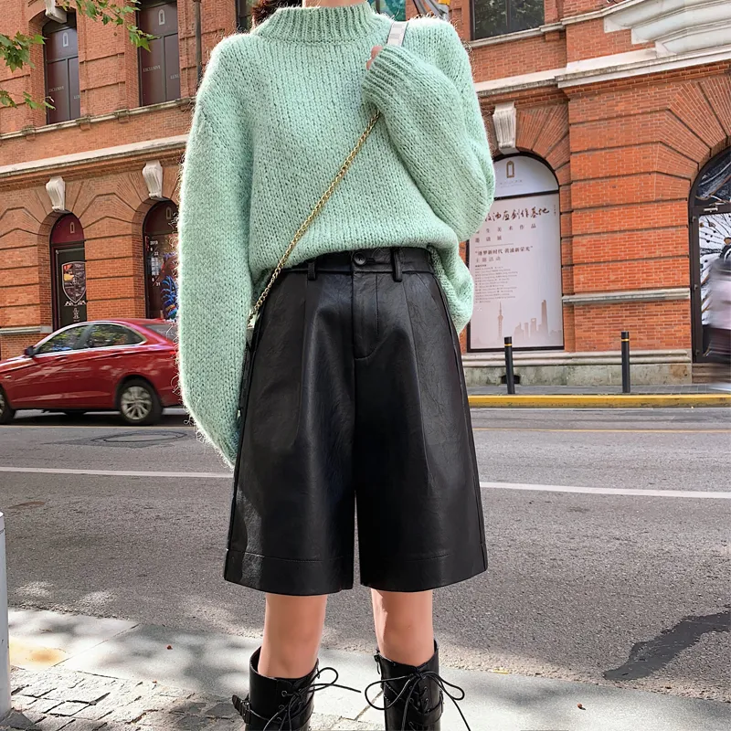 Bermudas De Cuero Para Mujer Flectit Chic Con Bolsillo Pierna