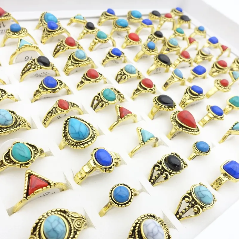 Wholesale 100pcs/Lot Bohemian Rings for Women Mix Styles Golden Plated Imitation Stone Fashion Jewelry Party Gifts Finger Joint Bands Size 16-19mm