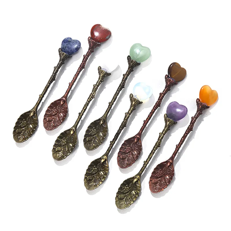 Fashion Natural Crystal Spoon Heart Shaped Gemstone Hushålls Kaffe Scoop Lång Hantera Blanda Sked