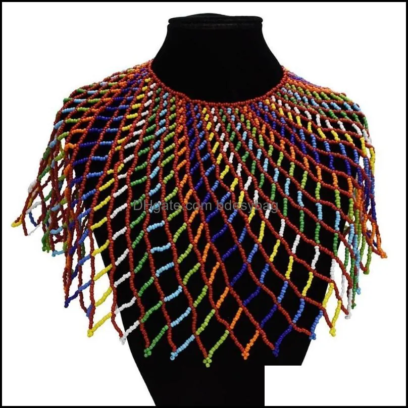 European and American Retro Bohemian Ethnic Style Mesh Bead Necklace For Female Hand-woven Colorful Shawl Exaggerated Jewelry