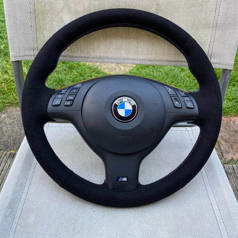 DIY 올 블랙 스웨이드 레드 스레드 핸드 봉제 랩 스티어링 휠 커버 BMW E46 E39 330i 540i 525i 530i 330Ci M3 2001-03