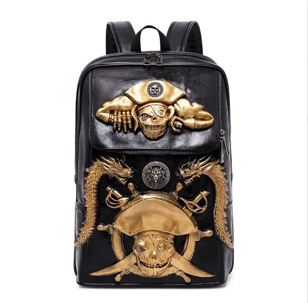 Moda 3D Embossed Pirate Skull Mężczyźni Skórzany Plecak Dragon Laptop Torba Torba Kobiety Unikalna Osobowość Cood Men Torby Szkolne