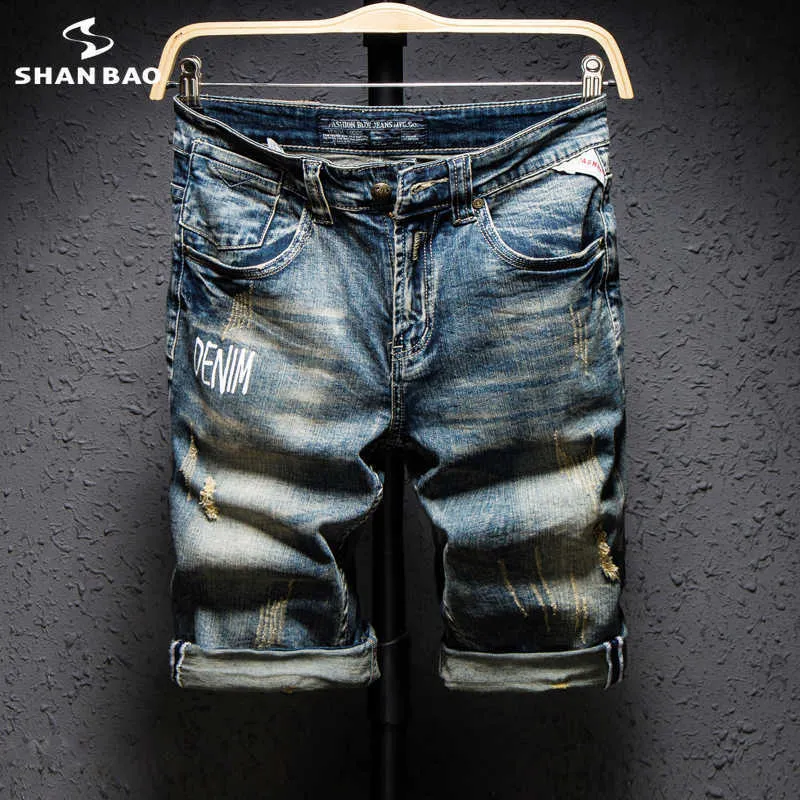 Personnalité tendance lettre impression short en denim décontracté pour hommes été haute qualité coton rétro jeans en détresse 210622