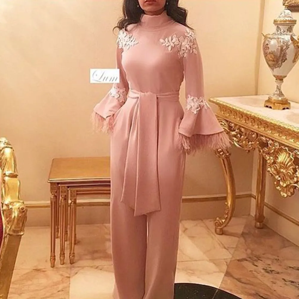 Luxe Dubai avondjurken met veer broek jumpsuit arabische vrouwen prom jurken elegante hoge hals moslim roze formele jurk gewaden de soirée vestidos fiesta