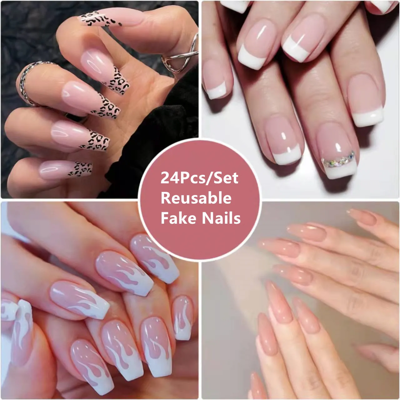 24 stks/set Naakt Kleur Herbruikbare Nep Nagels Luipaard Extra Lange Doodskist Valse Tips Elegant Glanzend Fluorescerend Acryl fulll cover Nail