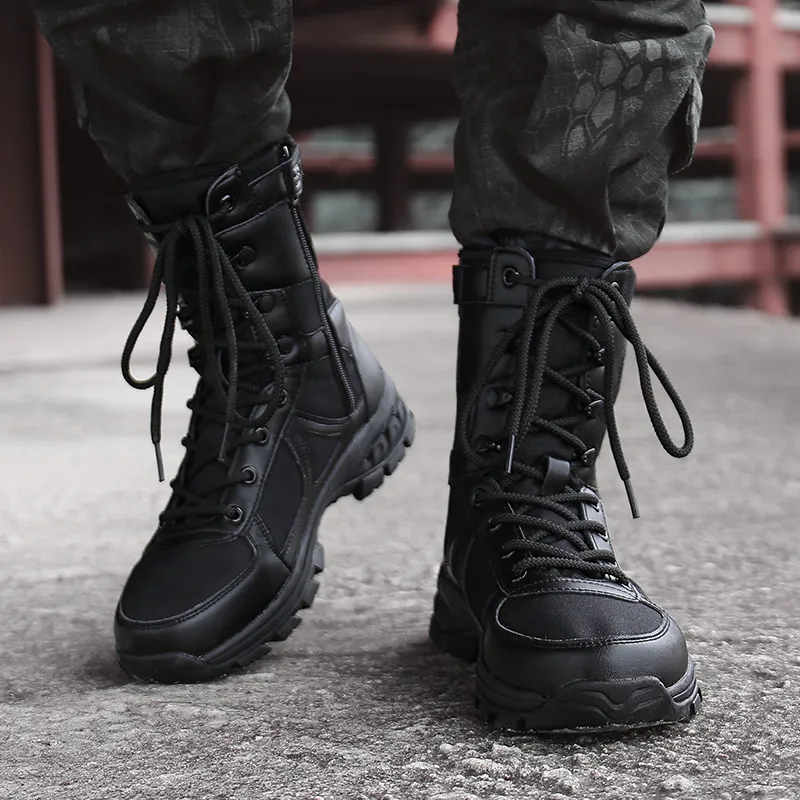 Hohe Qualität Outdoor Leder Kampf Stiefel Männer Hohe top Schwarz Plattform Unise Armee Schuhe Zipper Echtes Leder Winter Stiefel Männer