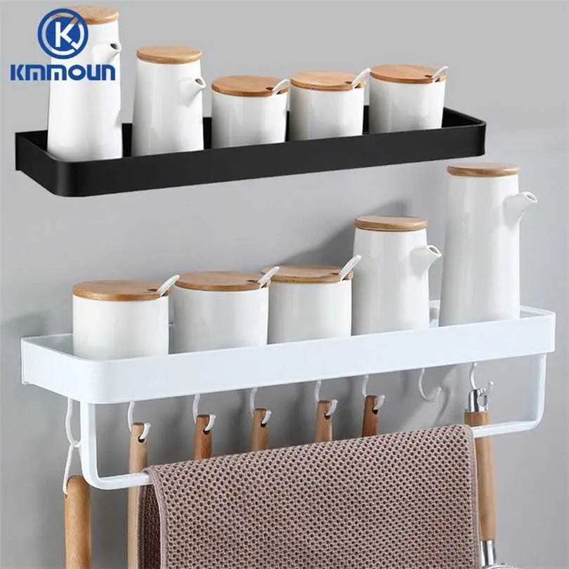 White / Black Kitchen Storage Rack Shelf Spice Bottle Space Aluminum Multi-function Towel Bar Hook 211102