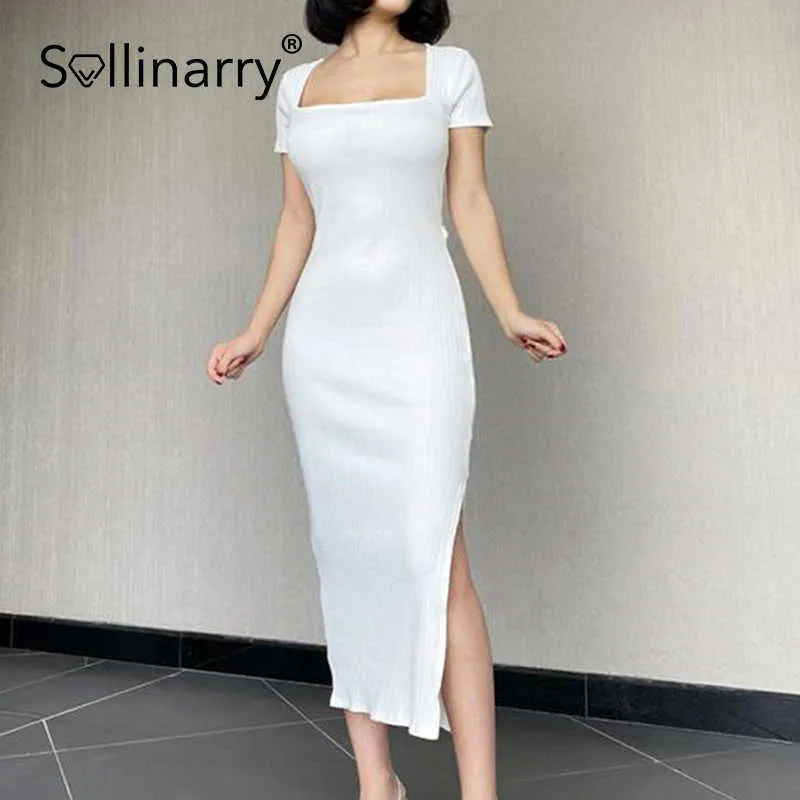Sollinarry Elegant split solid white pencil dress women belt High street style U-neck dress female short sleeve Vestidos 210709