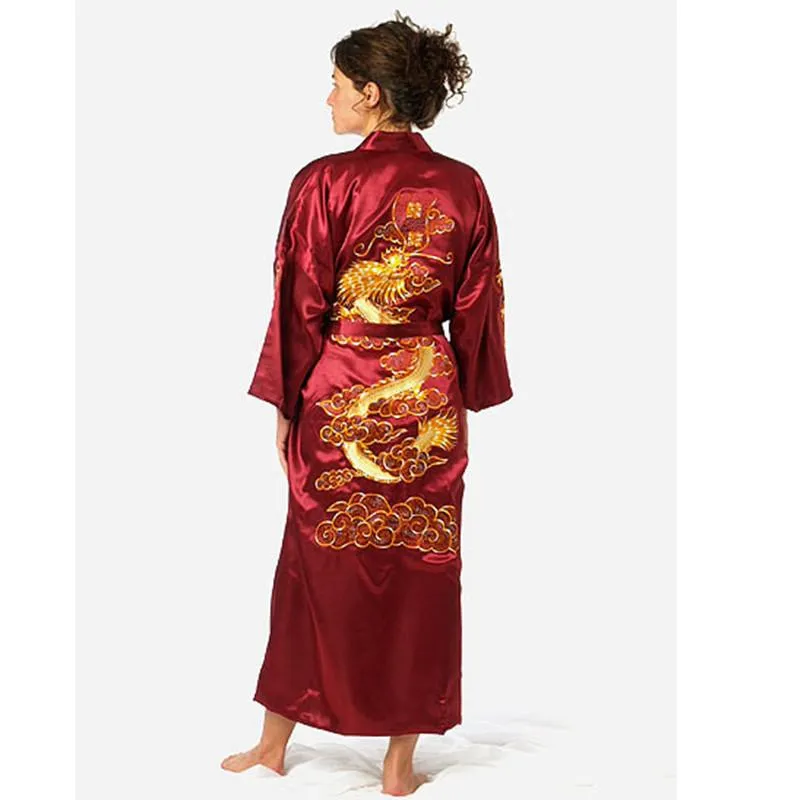 Męska odzież śpiąca granatowa szlafrok szlafroki mężczyźni Chińskie satynowe jedwabne haft haftu kimono kąpiel dragon yukata