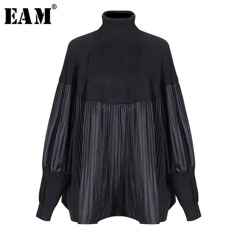 [EAM] Maglione lavorato a maglia di grandi dimensioni con spacco pelato, vestibilità ampia, dolcevita, maniche lunghe, pullover da donna, moda primavera 1M877 210917