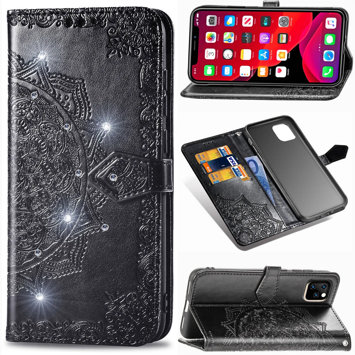 iPhoneのウォレット電話ケース14 13 12 11 Pro Max X XS XR 7 8 Plus Mandala Embossing Rhinestone PU Leather Flip Stand Caver Case with Card Slots