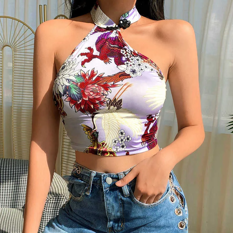 Mode Dames Chinese Stijl Tops Dragon Floral Tee Backless Mouwloze