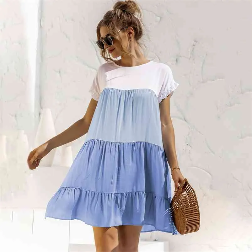 Summer Casual Loose OverSize Dres Short Sleeve Patchwork Big Ruffles Fashion Green Female Beach es 210623