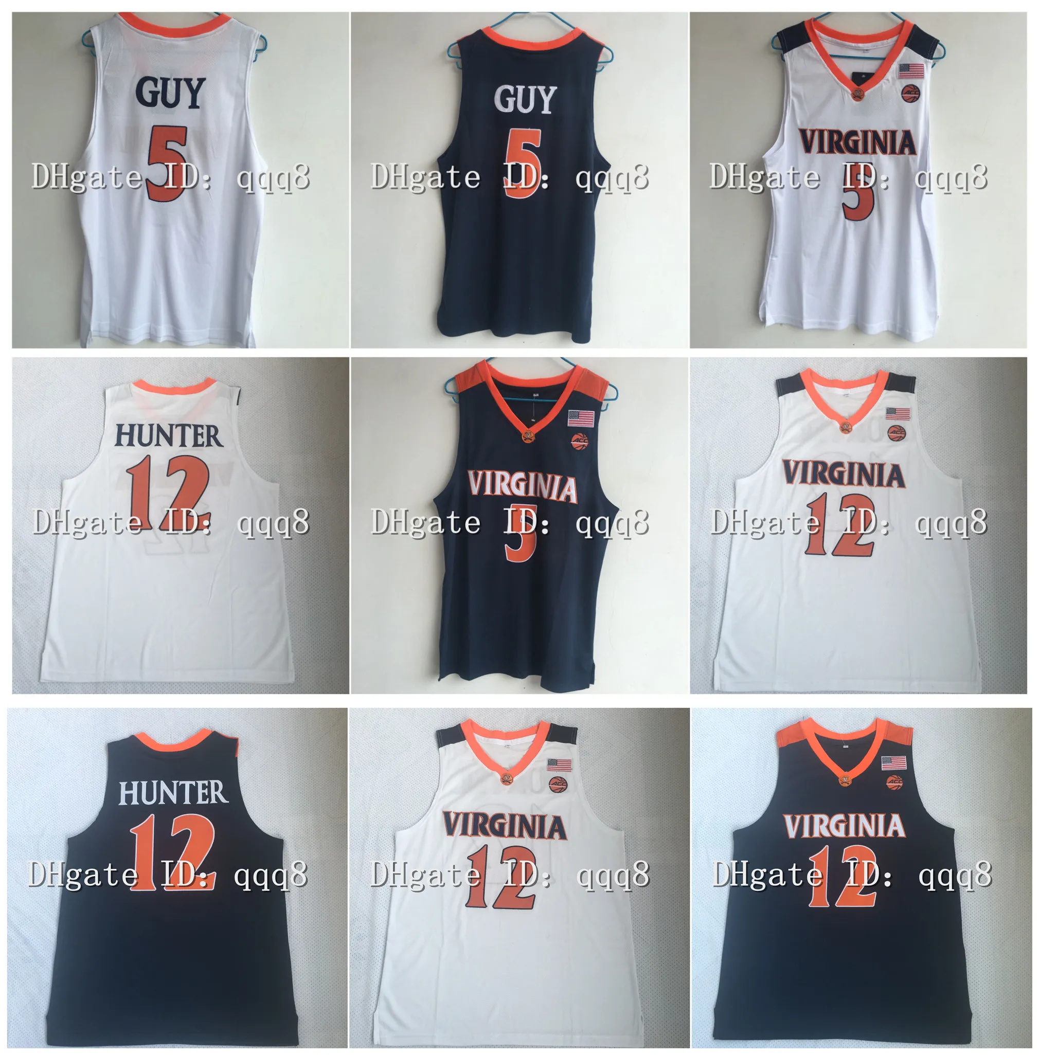 NCAA Virginia Cavaliers Maglie 5 Kyle Guy 12 DeAndre Hunter Uva College Basketball Jersey White Blue Size S-XXXL