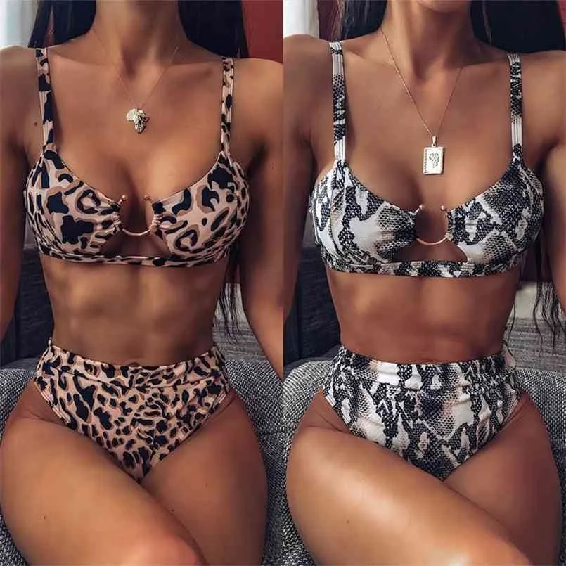 Sexy Badebekleidung Hohe Taille Badeanzug Brazilian Biquini Leopard Print Bikini Set Ring Badeanzug Sommer 2 Stück Frauen 210630