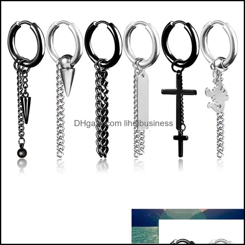 1Pcs Stainless Steel Cross Star Pendant Dangle Long Tassel Unisex Hoop Earrings Men Women Punk Ear Clip Gothic Jewelry