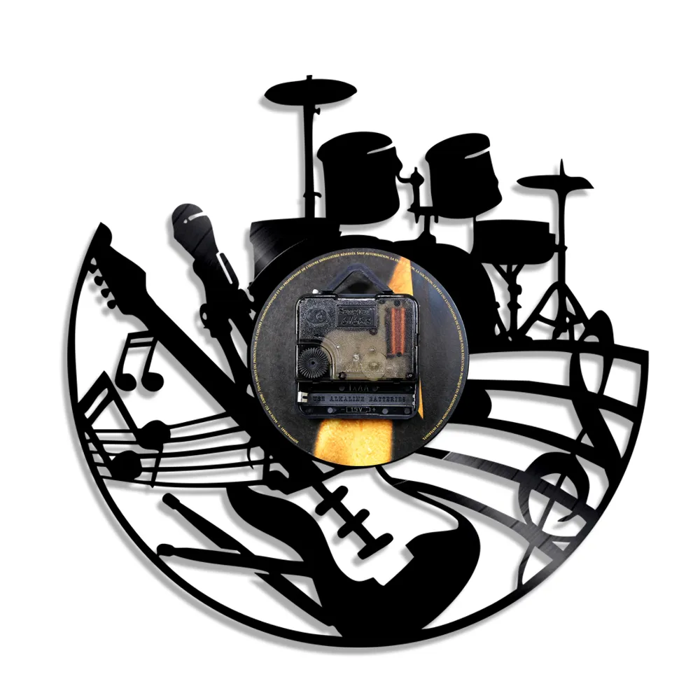 Vinyl Wanduhr Rock And Roll – Mit LED Nachtlicht, 30 Cm, Schwarz