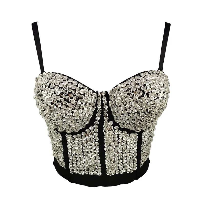 Femmes Mode Sequin Soutien-Gorge Argent Perle Enveloppé Poitrine D'été Sans Manches Sexy Rembourré Bustier Corset Crop Tops R267 210527