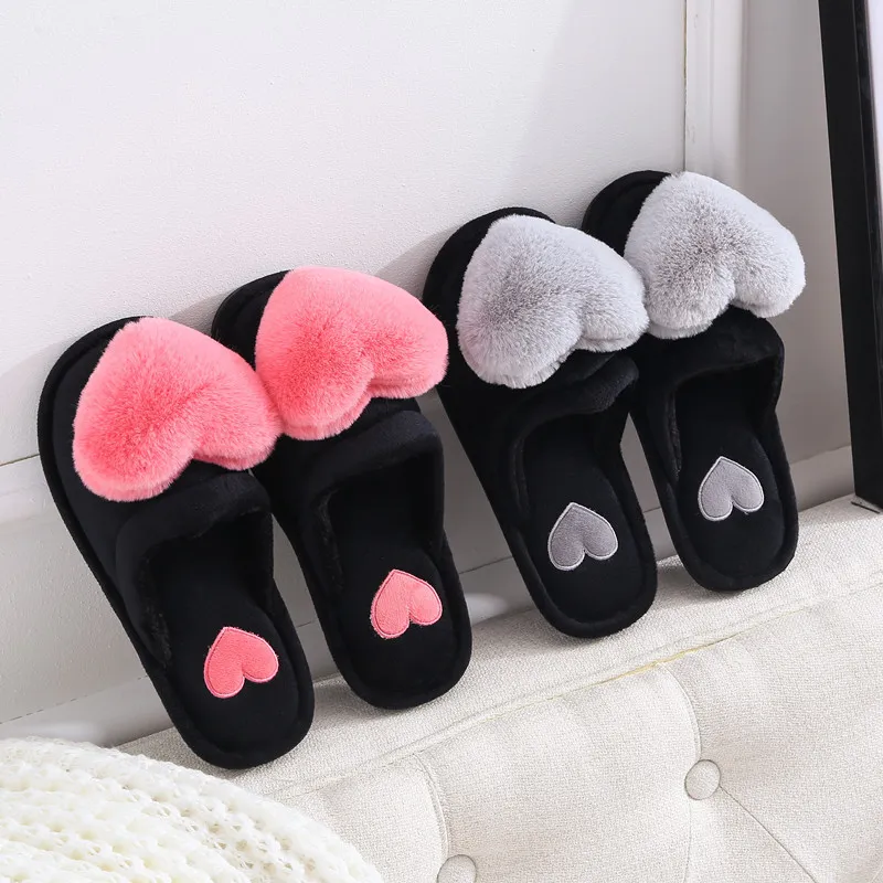 Hot Sale-Women Tofflor Vinterhem Skor Kvinnor Hus Tofflor Varm Kärlek Hjärta Non-Slip Floor Hem Furry Fashion Fur Slides