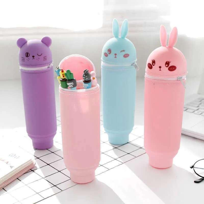 학교 용품 확장 가능한 연필 주최자 실리콘 귀여운 토끼 곰 펜 가방 다채로운 대용량 학생 편지지 가방