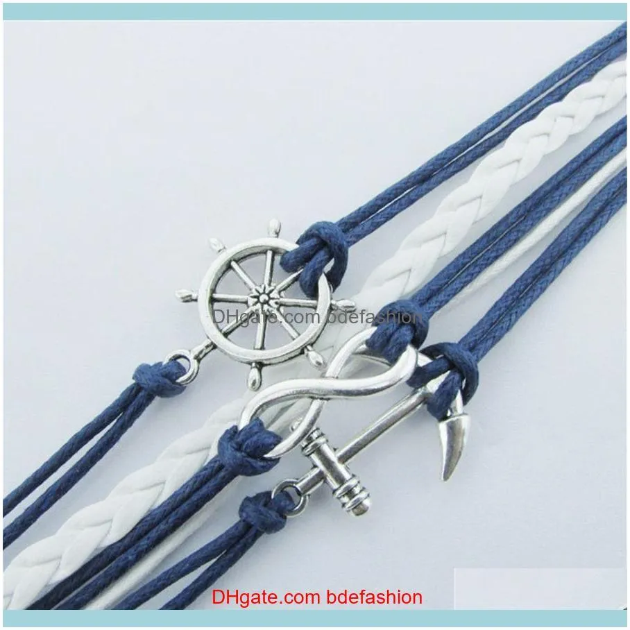 Wholesale-New Silver Bracelets Jewelry Nautical Rudder Anchor Blue Leather Rope Bangle Bracelet A1