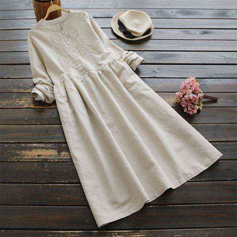 2021 Autumn Embroidery Long Shirt Dress ZANZEA Vintage Casual Cotton Linen Vestidos Women Long Sleeve Sundress Kaftan Y1204