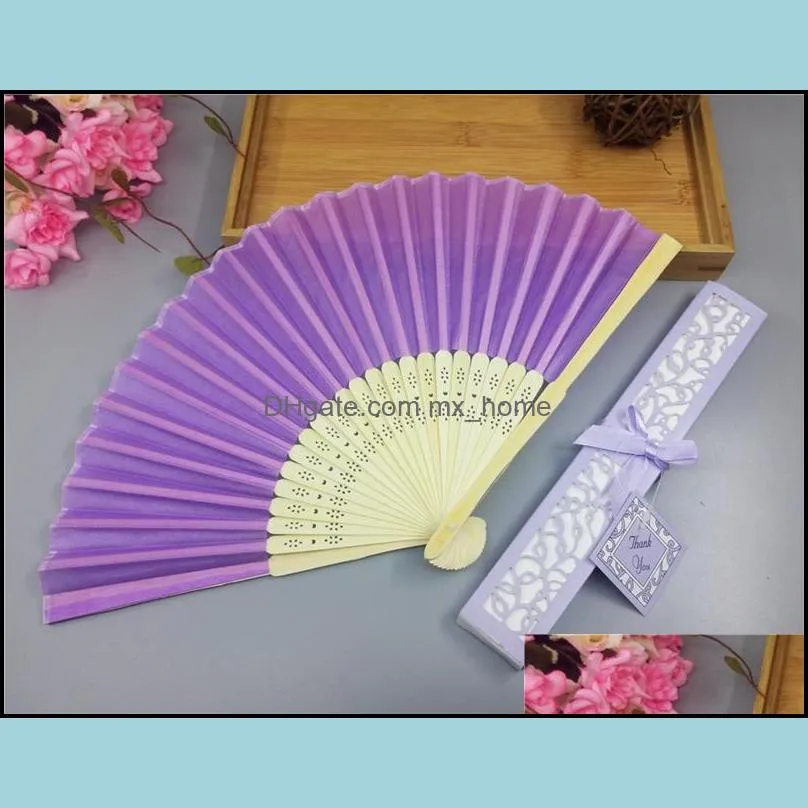 Free shipping 50pcs lot wedding favors bridal shower souvenir personalized silk hand fans with laser cut boxes