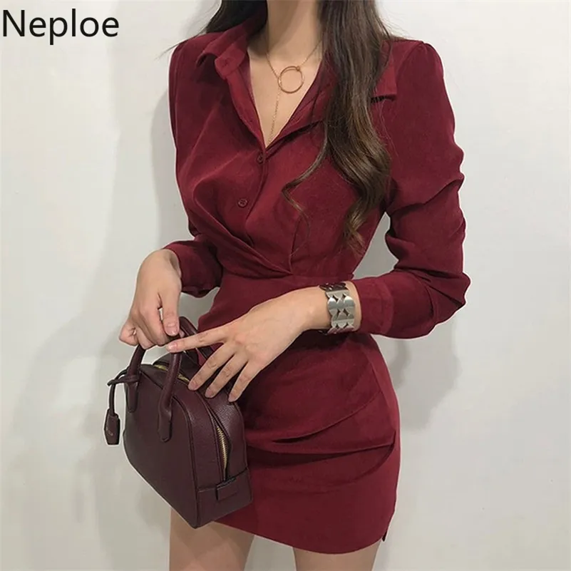 Neploe الكورية شيك رفض طوق واحدة الثدي التعادل اللباس عالية الخصر الورك الطية bodycon vestido الصلبة مزاجه روبا 210226