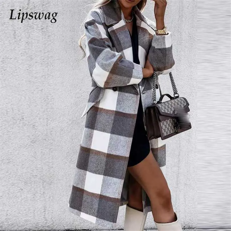 Jesień Zima Design Moda Plaid Woolen Długi Płaszcz Kobiety Elegancka Turn-Neck Office Chic Cardigan Lady Przypadkowy Guzik Kieki Płaszcz 211019