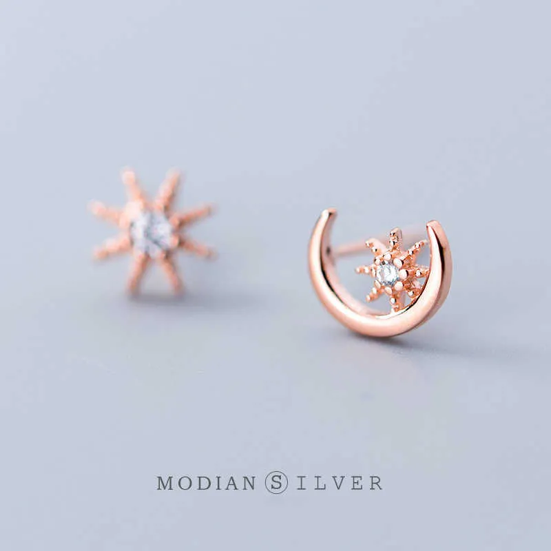 Samling 925 Sterling Silver Moon och Sun Stud Örhängen för Kvinnor Rose Gold Färg Smycken 210707