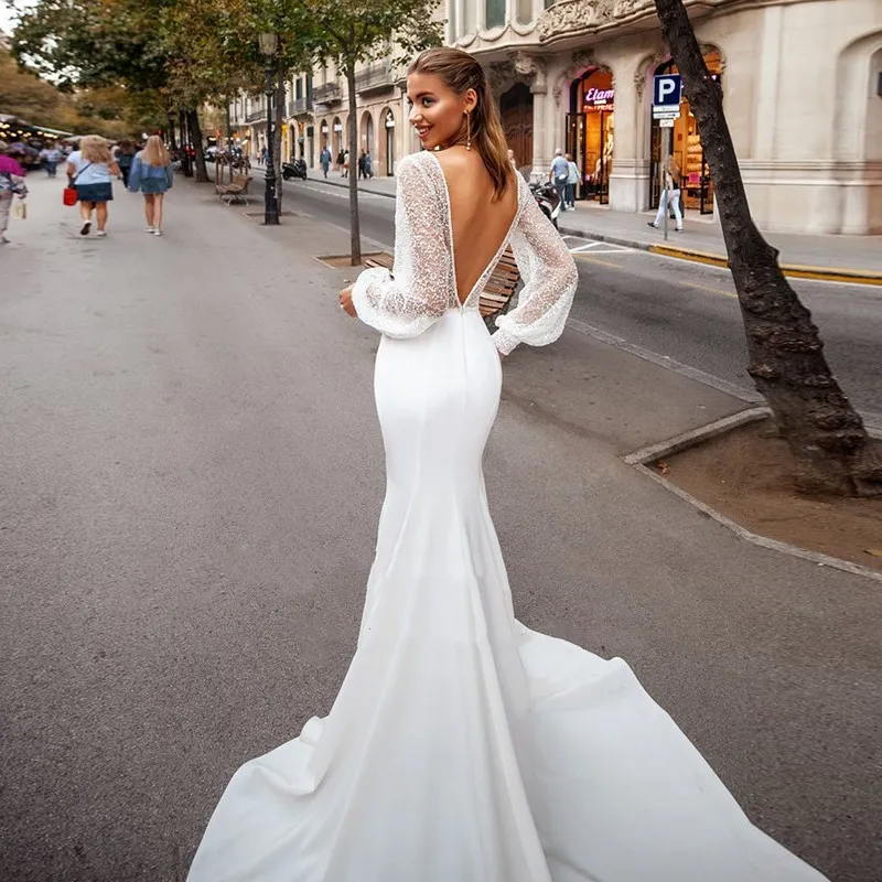 Deep V Neck Backless Lace Trumpet Mermaid Wedding Dress With Slit Deep V Neck Backless Lace Trumpet Mermaid Wedding Dress With Slit