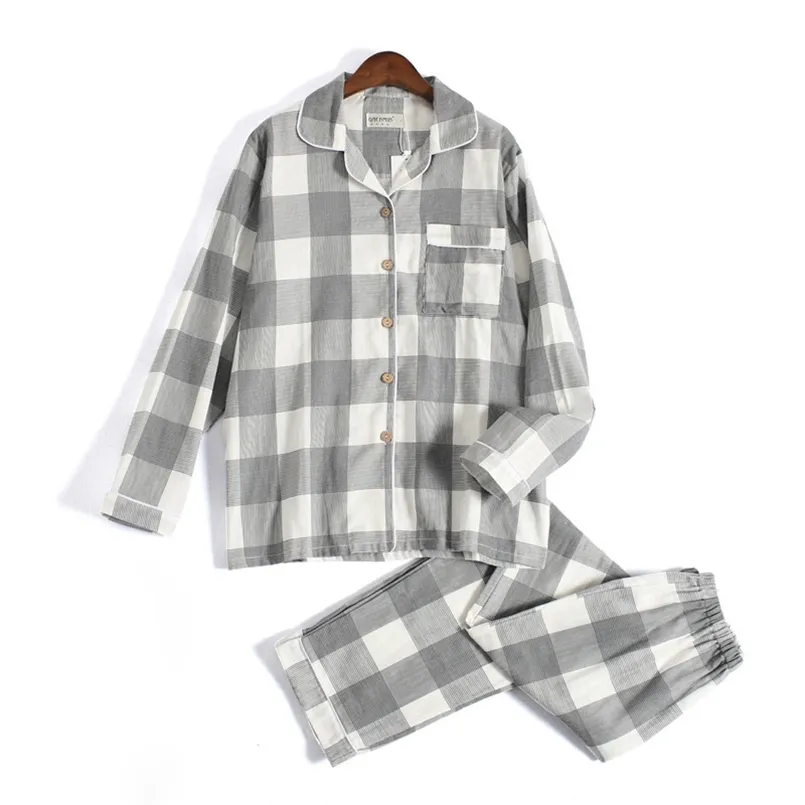 Färsk plaid 100% Gaze Cotton Lovers Pajama Set och Män Höst Långärmad Japansk Casual Sleepwear Pyjamas 210831