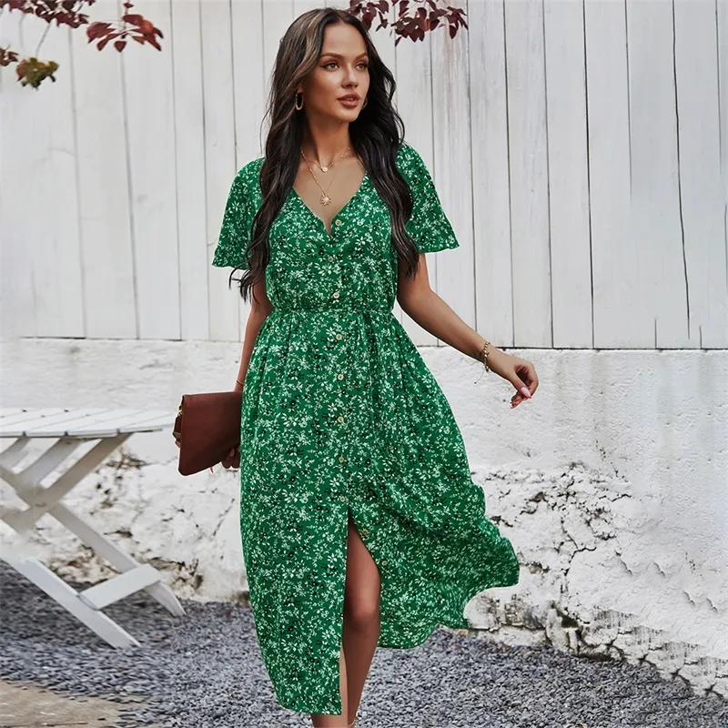 New Ladies Vintage Maxi stampa floreale Summer Dress Women Slim Casual vita alta Button Bohemian Women Beach Dress Vestidos Donna 210303