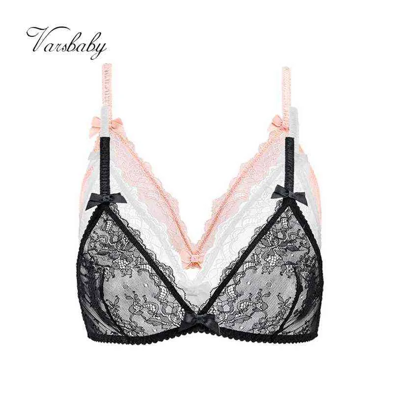 Varsbaby 3PCS/lot Sexy Lace Wire Free Bra Ultra Thin See Through Underwear Bow-knot Fashion Comfortable Plus Size 211217