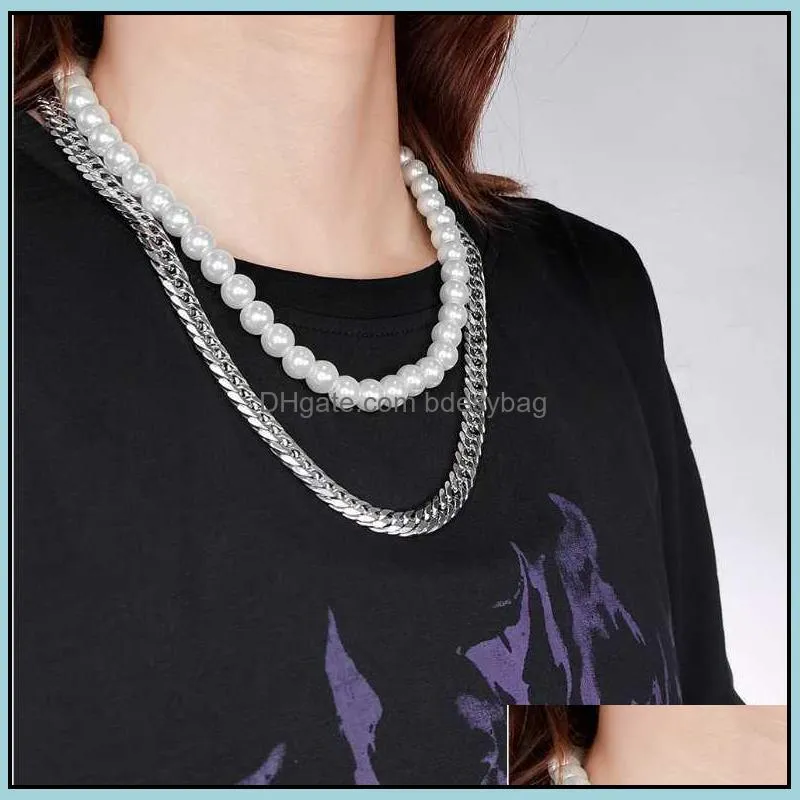 Street Double Pearl Necklace Men Women Fashion Brand Simple Cool Wind Chain Hip Hop Clavicle Chunky Cuba